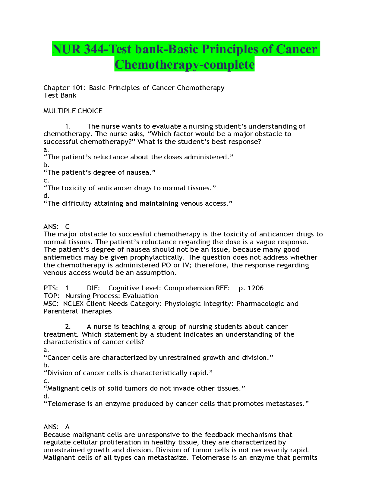 Preview of NUR 344-Test bank-Basic Principles of Cancer Chemotherapy-complete